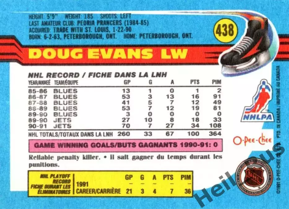 Хоккей. Карточка Doug Evans / Дуг Эванс (Winnipeg Jets/Виннипег Джетс) НХЛ/NHL 1