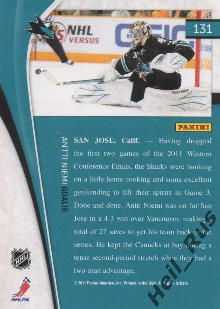 Хоккей Карточка Антти Ниеми San Jose Sharks/Сан-Хосе Шаркс, Йокерит НХЛ/NHL/КХЛ 1