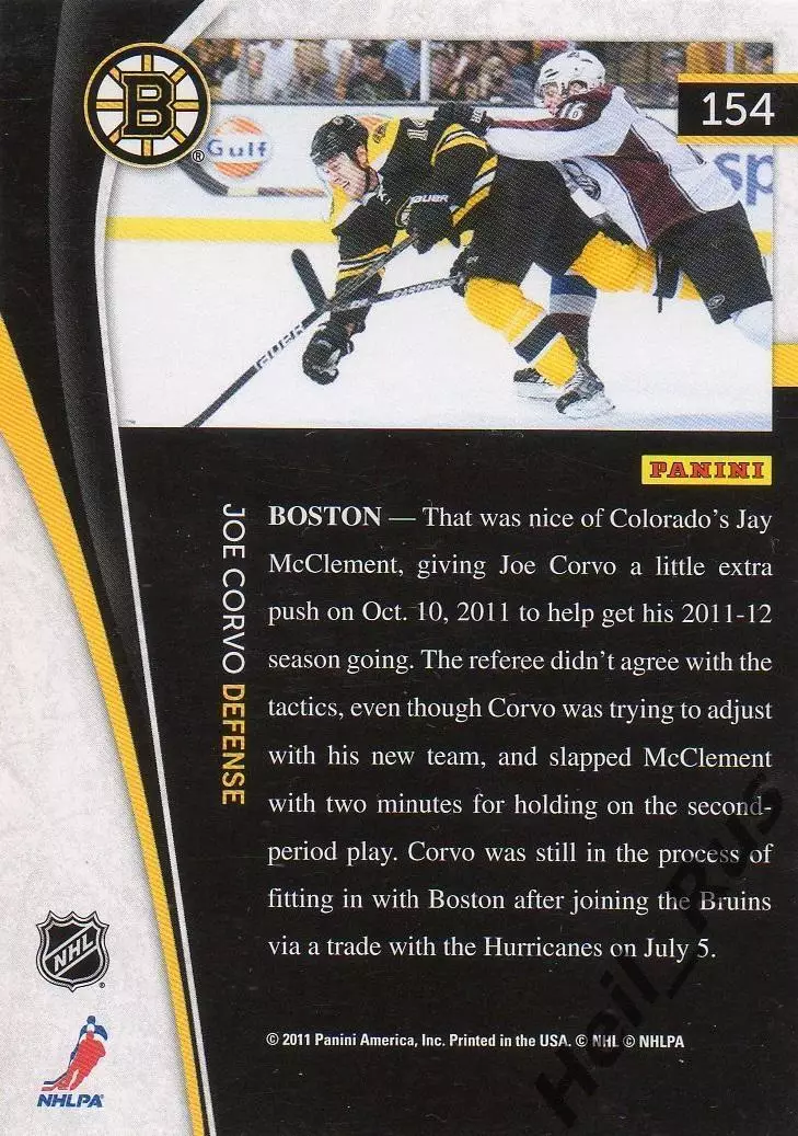 Хоккей. Карточка Joe Corvo/Джо Корво Boston Bruins/Бостон Брюинз НХЛ/NHL 2011/12 1