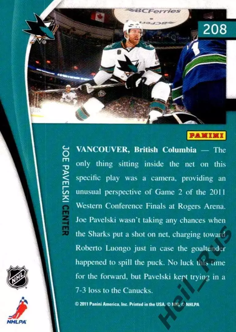 Карточка Джо Павелски San Jose Sharks/Сан-Хосе Шаркс, Динамо Минск НХЛ/NHL, КХЛ 1