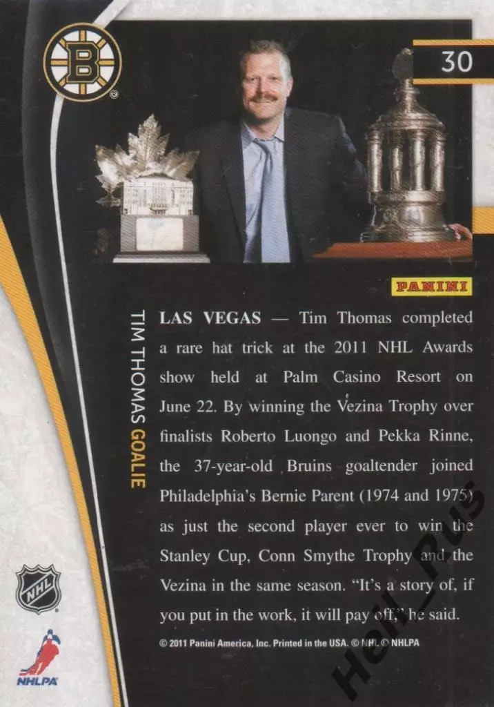Хоккей Карточка Tim Thomas/Тим Томас Boston Bruins/Бостон Брюинз НХЛ/NHL 2011/12 1