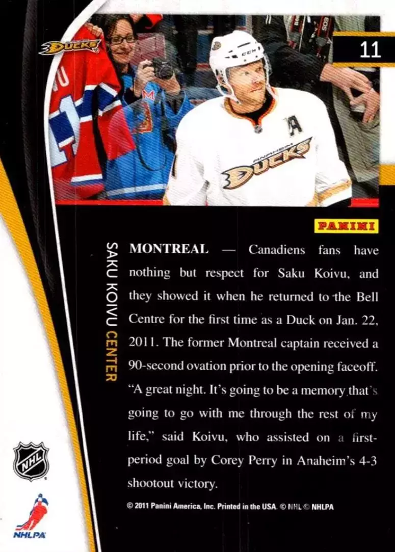 Хоккей Карточка Saku Koivu/Саку Койву Anaheim Ducks/Анахайм Дакс НХЛ/NHL 2011/12 1