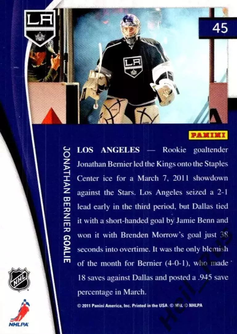 Хоккей. Карточка Jonathan Bernier/Джонатан Бернье (Лос-Анджелес Кингз) НХЛ/NHL 1