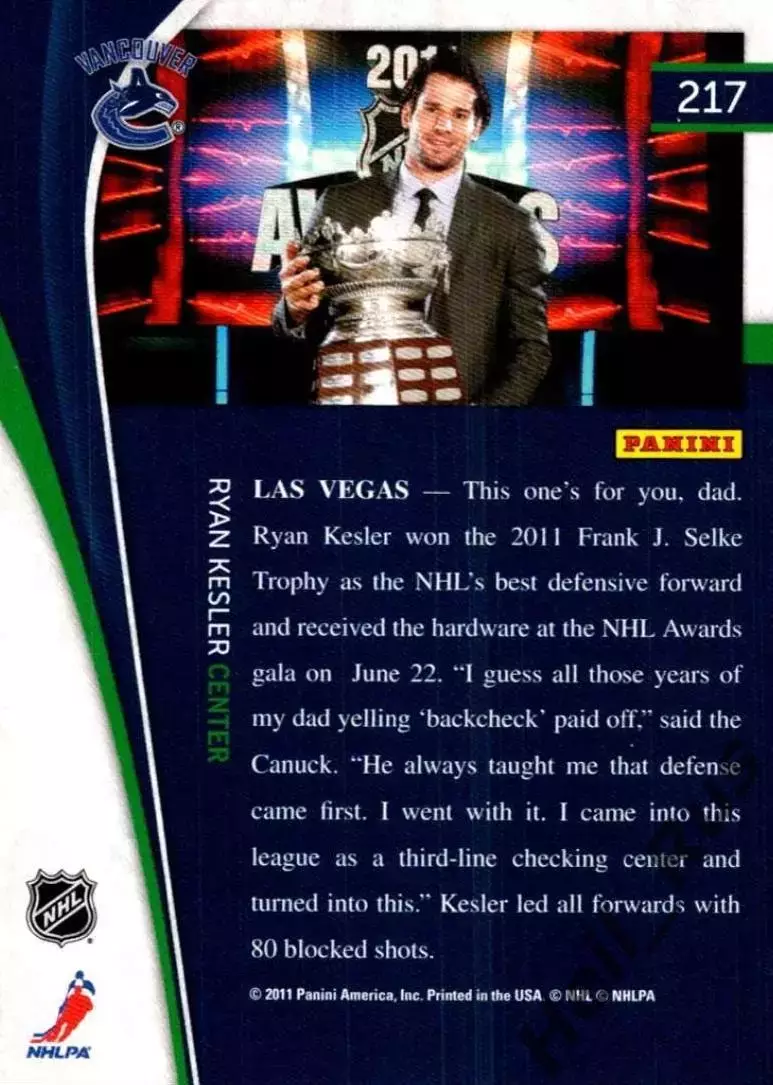 Карточка Ryan Kesler/Райан Кеслер (Vancouver Canucks/Ванкувер Кэнакс) НХЛ/NHL 1