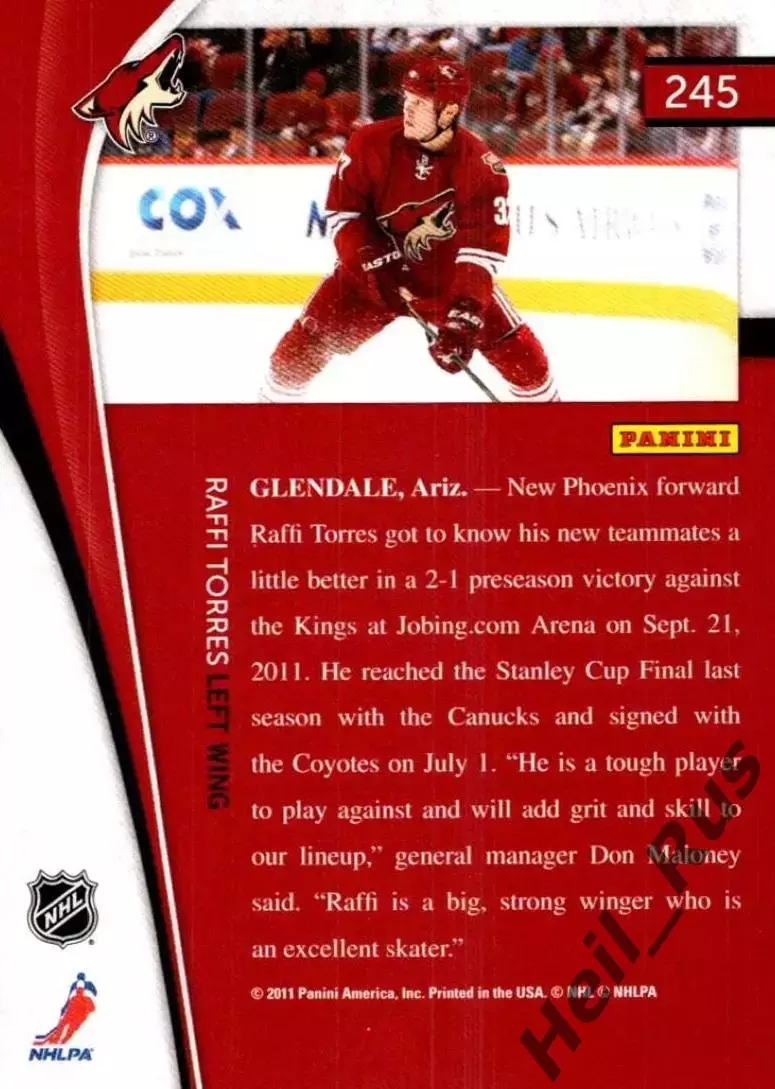 Хоккей Карточка Raffi Torres/Раффи Торрес Phoenix Coyotes/Финикс Койотис НХЛ/NHL 1
