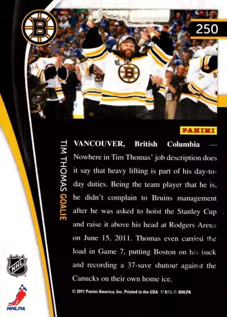 Хоккей Карточка Tim Thomas/Тим Томас Boston Bruins/Бостон Брюинз НХЛ/NHL 2011/12 1
