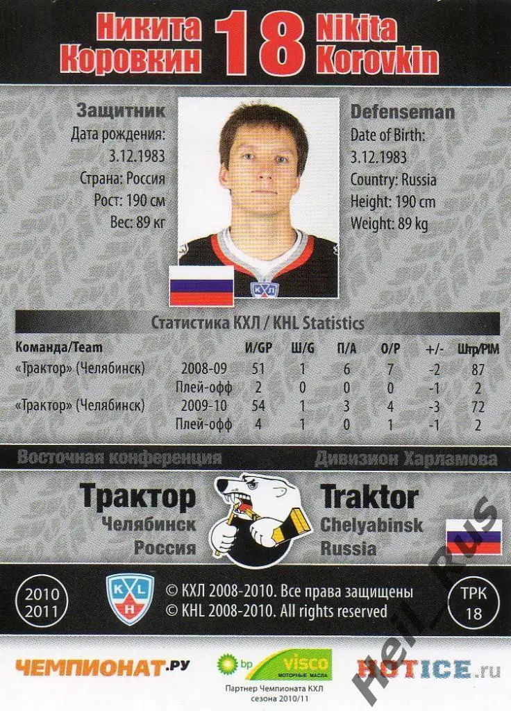 Хоккей Карточка Никита Коровкин (Трактор Челябинск) КХЛ/KHL сезон 2010/11 SeReal 1
