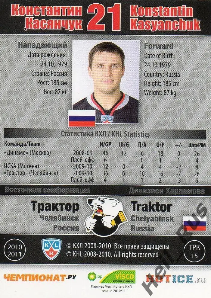 Хоккей. Карточка Константин Касянчук (Трактор Челябинск) КХЛ/KHL 2010/11 SeReal 1