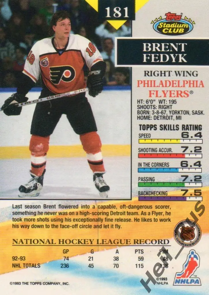 Хоккей. Карточка Brent Fedyk/Брент Федык Philadelphia Flyers/Филадельфия НХЛ/NHL 1