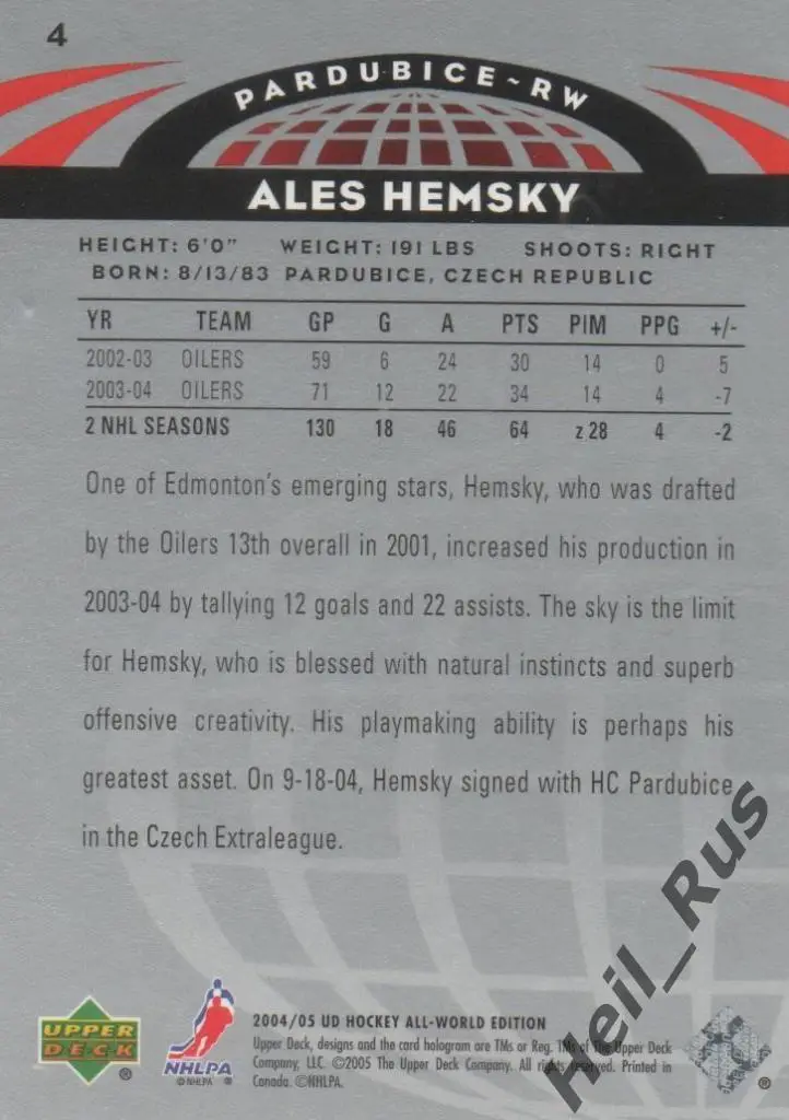 Хоккей. Карточка Ales Hemsky/Алеш Гемски (Pardubice/Пардубице, Эдмонтон) НХЛ/NHL 1