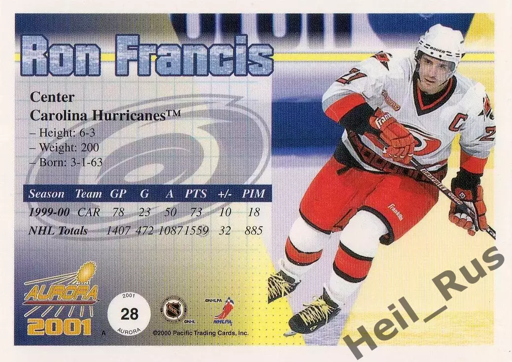 Карточка Ron Francis/Рон Фрэнсис Carolina Hurricanes/Каролина Харрикейнз НХЛ/NHL 1
