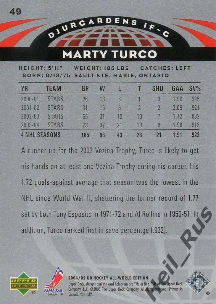 Хоккей. Карточка Marty Turco/Марти Турко (Djurgardens IF/Юргорден ИФ) НХЛ/NHL 1