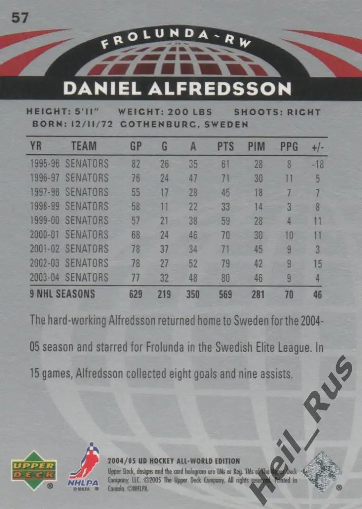 Хоккей. Карточка Daniel Alfredsson/Даниэль Альфредссон Frolunda/Фрелюнда НХЛ/NHL 1