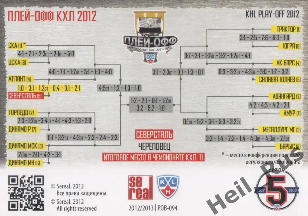 Хоккей. Карточка 11 место Северсталь Череповец (КХЛ Кубок Гагарина 2012) SeReal 1