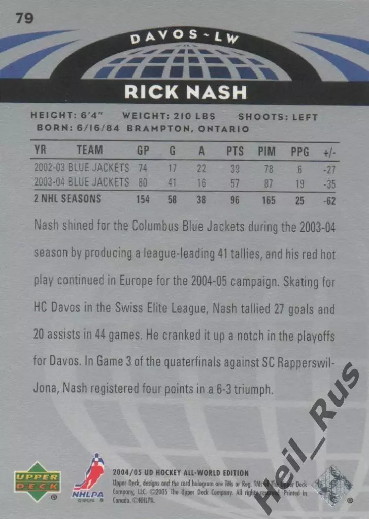 Хоккей. Карточка Rick Nash/Рик Нэш HC Davos/ХК Давос НХЛ/NHL 2004-05 Upper Deck 1
