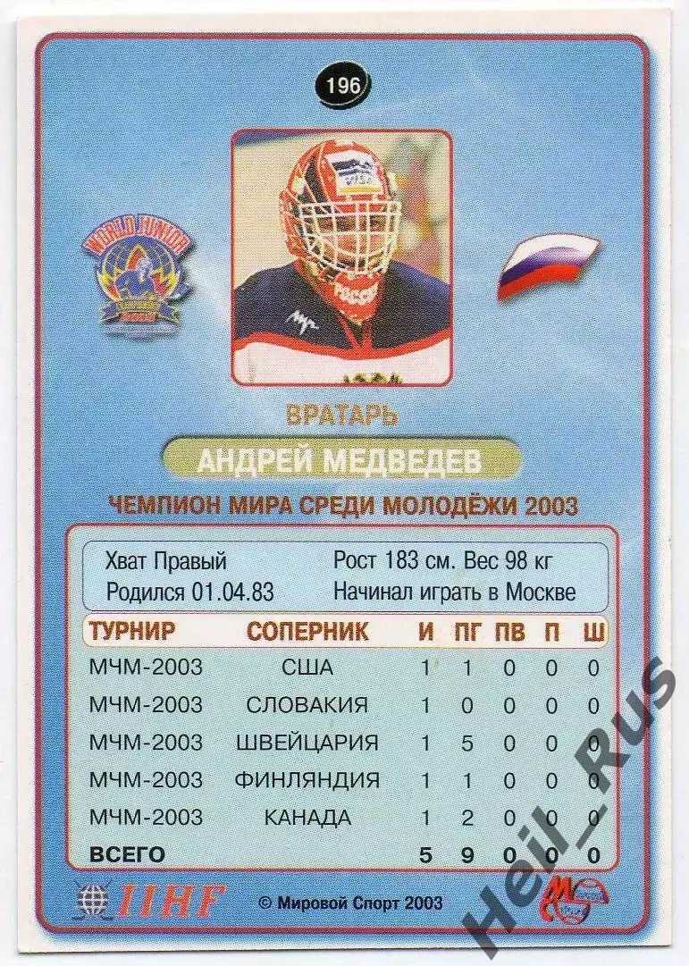 Хоккей. Карточка Андрей Медведев (Россия, Спартак Москва) Мировой спорт 2003 1