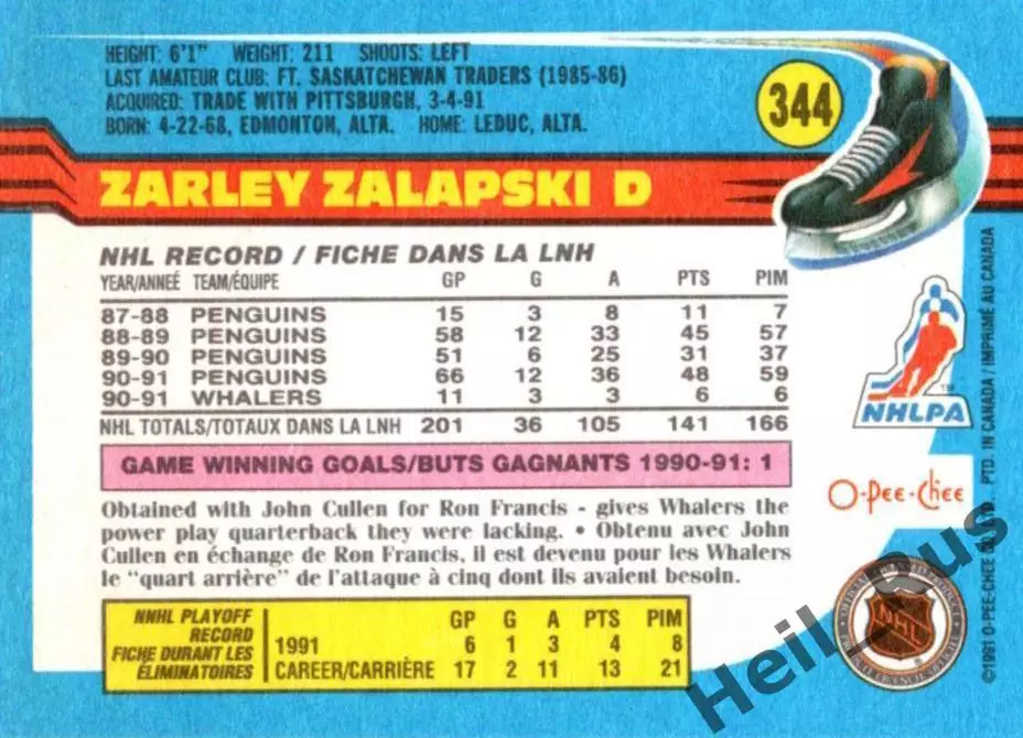 Карточка Z. Zalapski/Зарли Залапски (Hartford Whalers/Хартфорд Уэйлерс) НХЛ/NHL 1