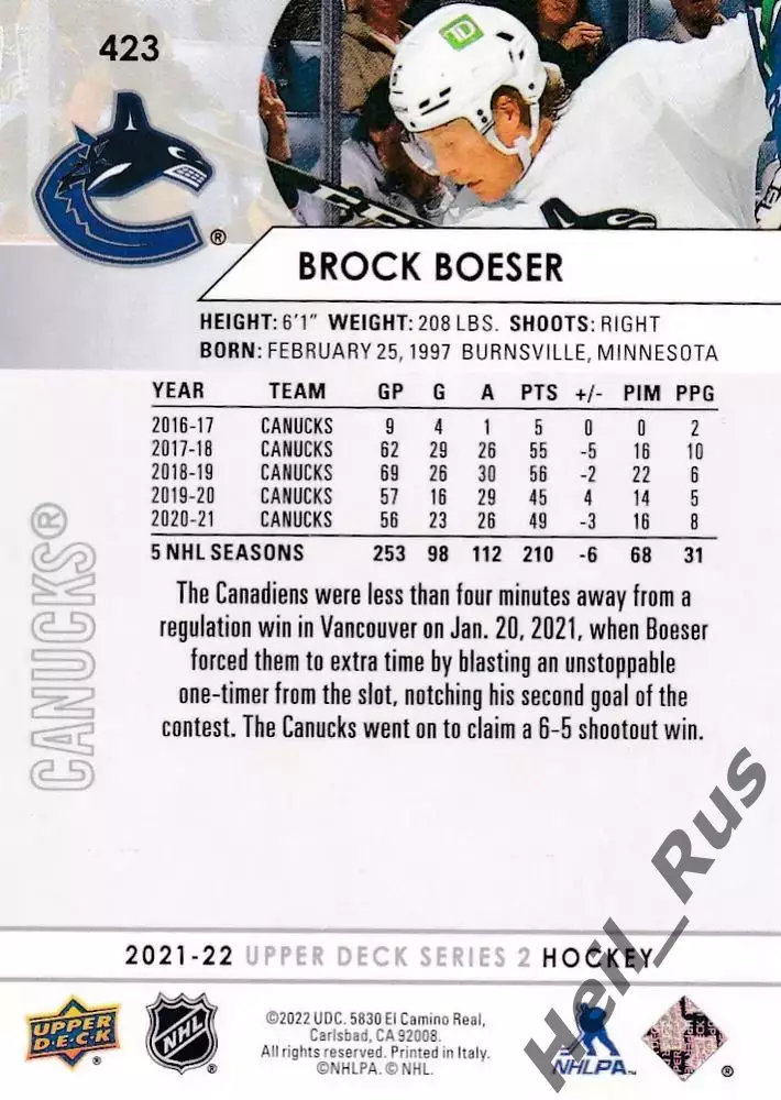 Карточка Brock Boeser / Брок Бесер (Vancouver Canucks/Ванкувер Кэнакс) НХЛ / NHL 1