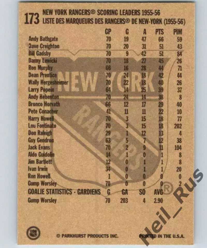 Карточка Andy Bathgate/Энди Батгейт New York Rangers/Нью-Йорк Рейнджерс; НХЛ/NHL 1