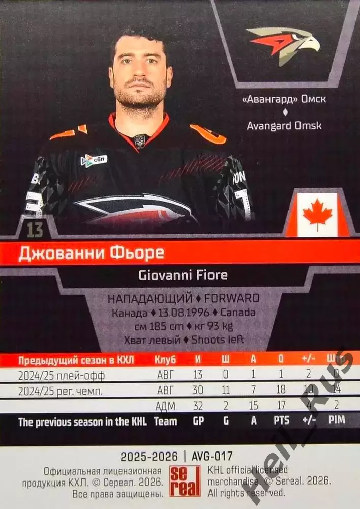 Хоккей. Карточка Джованни Фьоре (Авангард Омск) КХЛ/KHL сезон 2025/26 SeReal 1