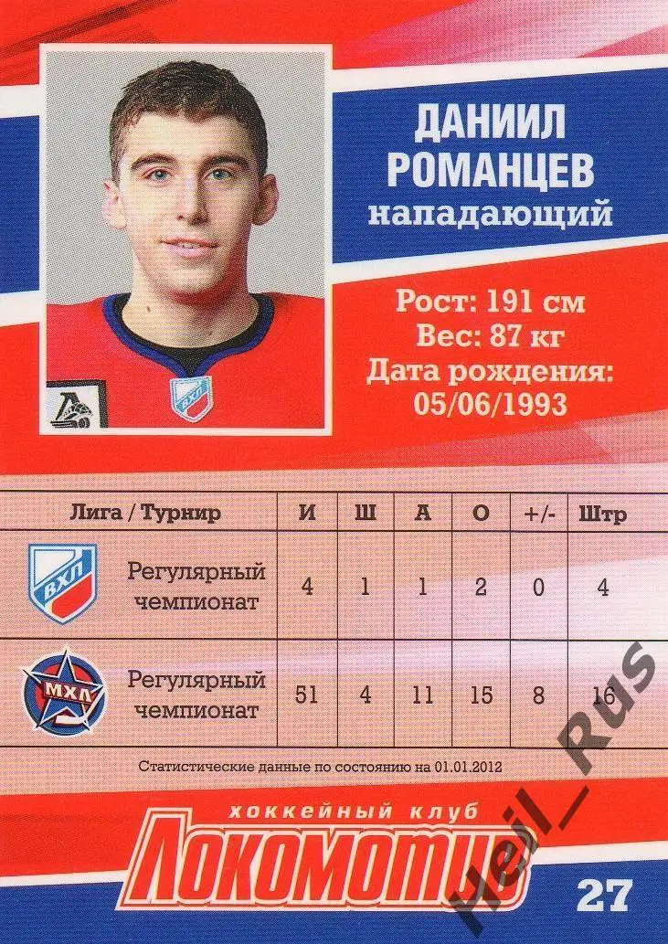 Хоккей. Карточка Даниил Романцев (Локомотив Ярославль) ВХЛ/МХЛ/КХЛ сезон 2011/12 1