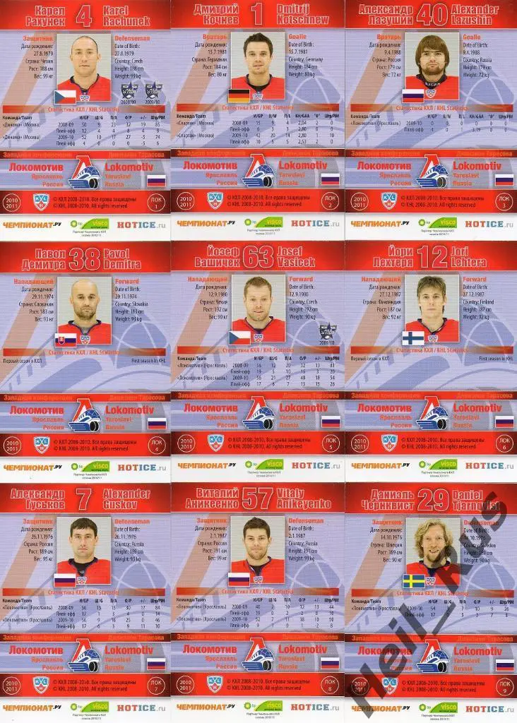 Хоккей Локомотив Ярославль 23 карточки 2010/11 SeReal КХЛ/KHL Рахунек, Демитра + 1