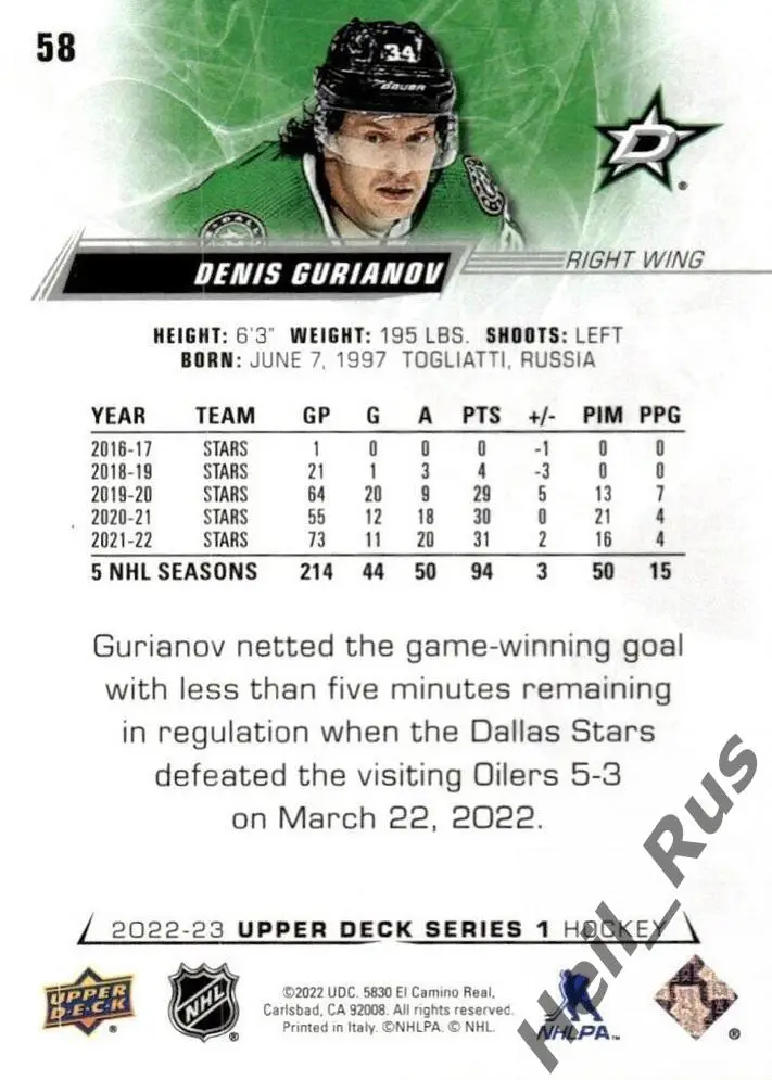 Карточка Денис Гурьянов Dallas Stars/Даллас Старз/Лада Тольятти/ЦСКА НХЛ/NHL/КХЛ 1