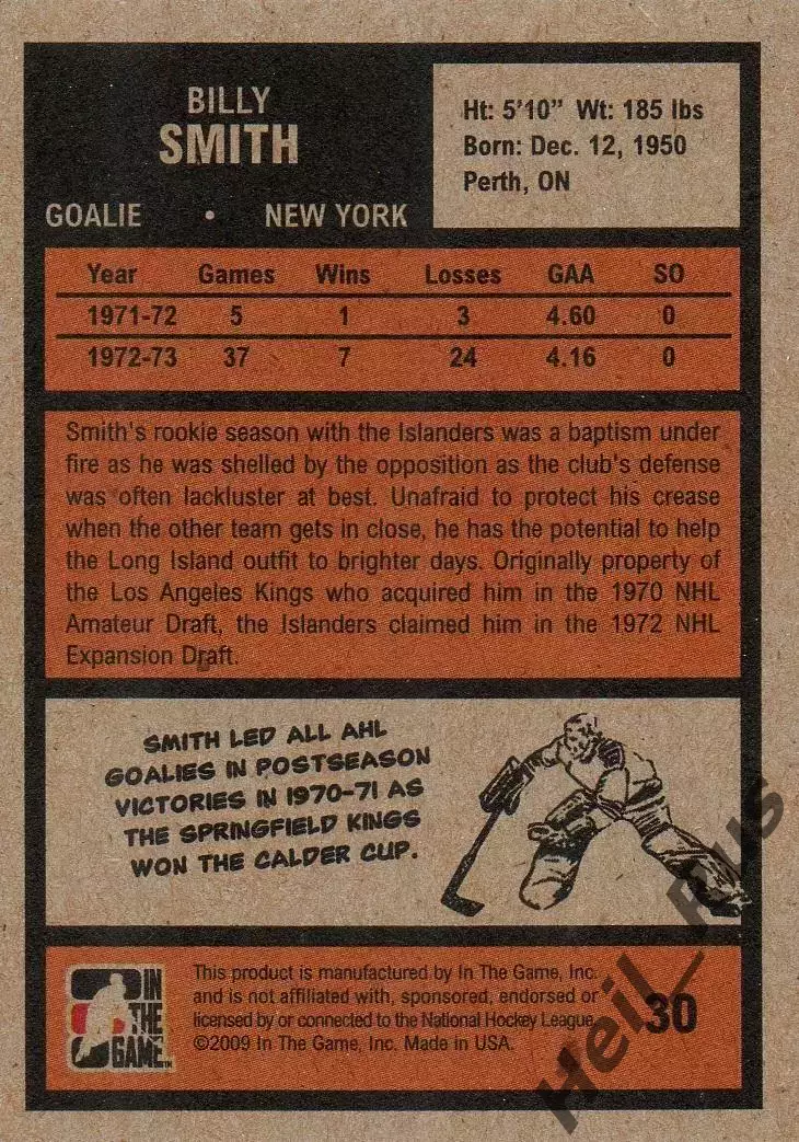 Карточка Billy Smith/Билли Смит (New York Islanders/Нью-Йорк Айлендерс) НХЛ/NHL 1