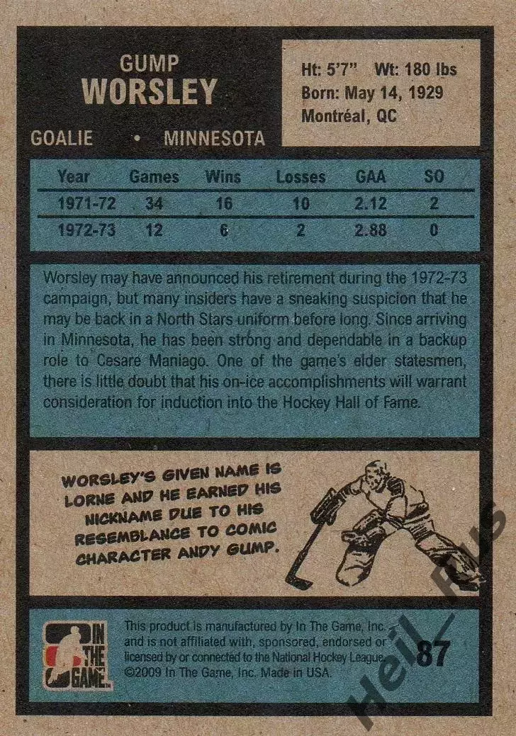 Хоккей Карточка Gump Worsley/Гамп Уорсли Minnesota North Stars/Миннесота НХЛ/NHL 1