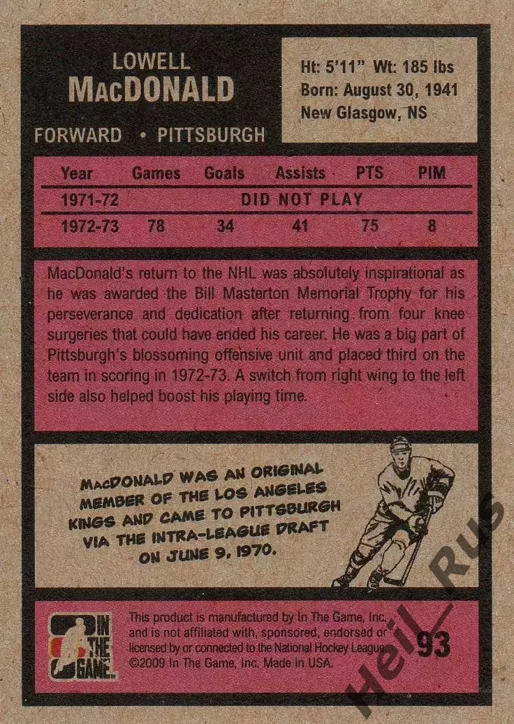 Хоккей. Карточка Lowell MacDonald/Лоуэлл Макдональд (Питтсбург Пингвинз) НХЛ/NHL 1