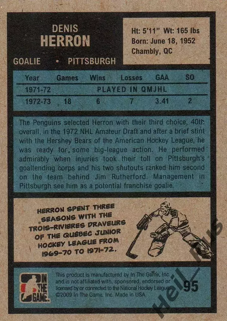 Хоккей; Карточка Denis Herron/Денис Херрон Pittsburgh Penguins/Питтсбург НХЛ/NHL 1