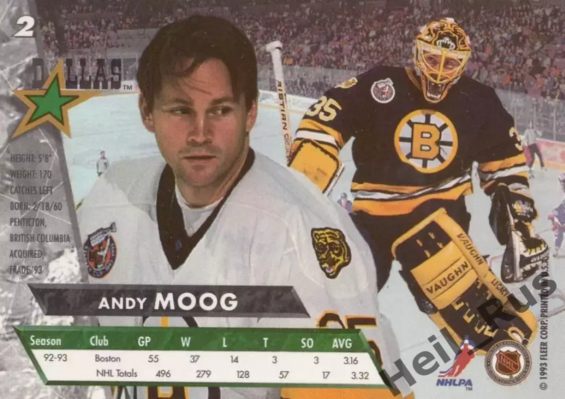 Хоккей. Карточка Andy Moog/Энди Муг (Бостон Брюинз/Даллас Старз) НХЛ/NHL 1993/94 1