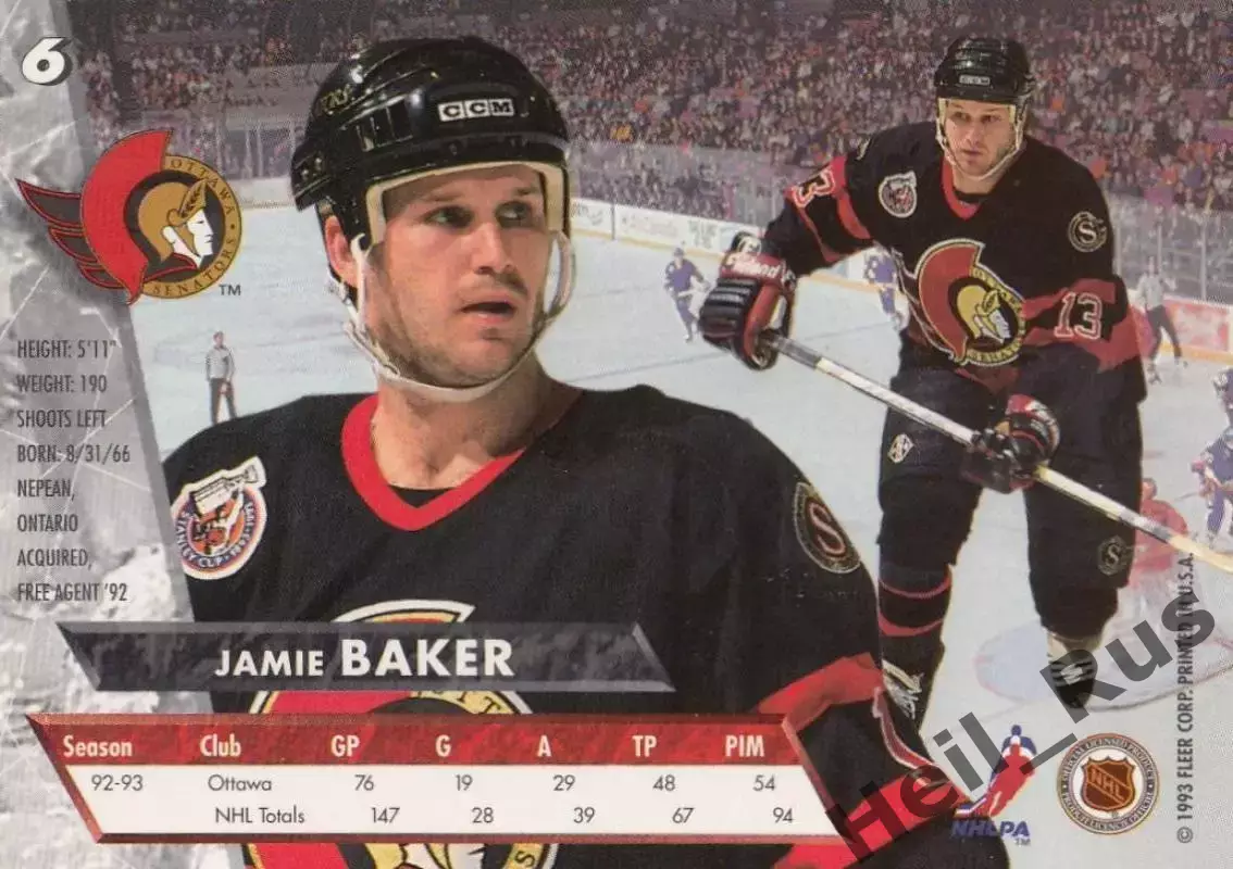 Карточка Jamie Baker/Джеймс Бейкер (Ottawa Senators/Оттава Сенаторз) НХЛ/NHL 1