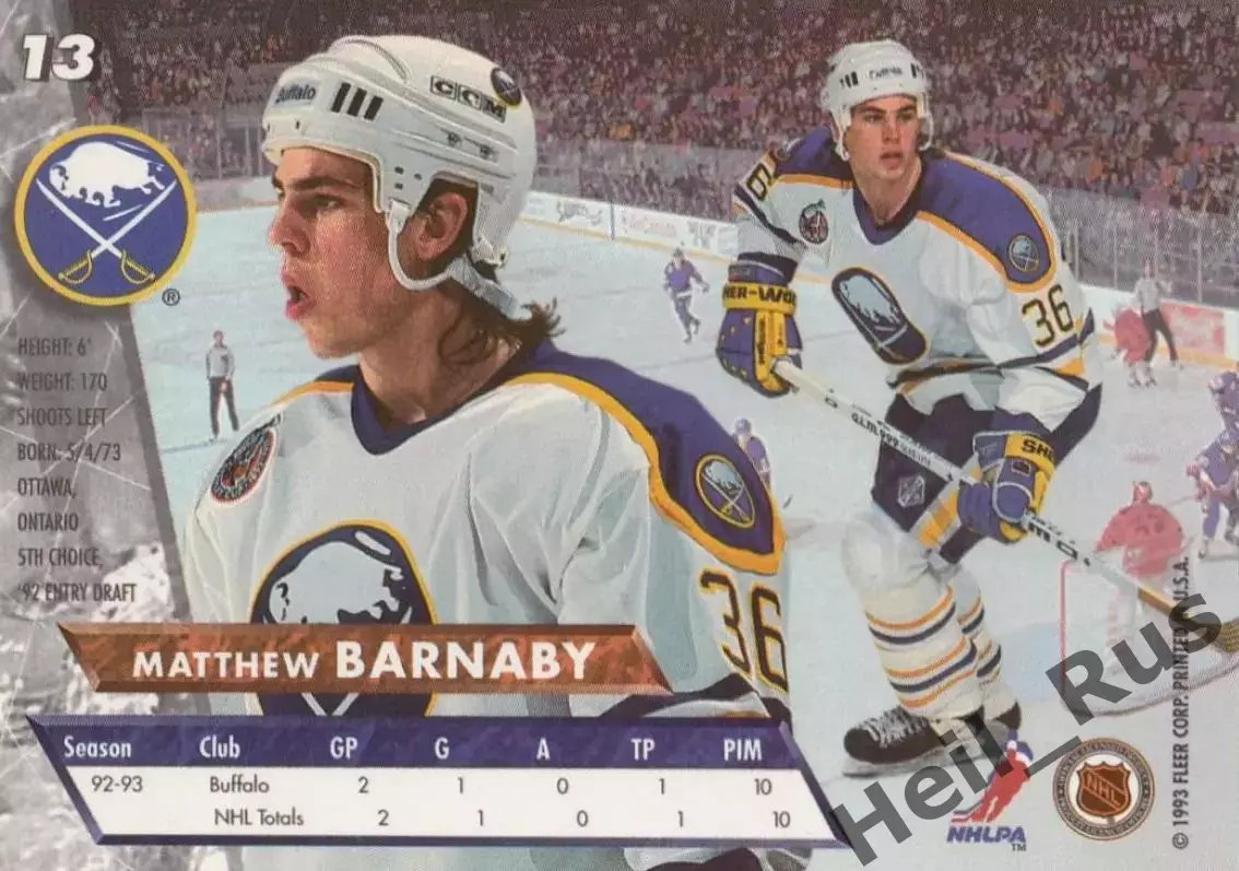 Карточка Matthew Barnaby/Мэттью Барнэби (Buffalo Sabres/Баффало Сейбрз) НХЛ/NHL 1