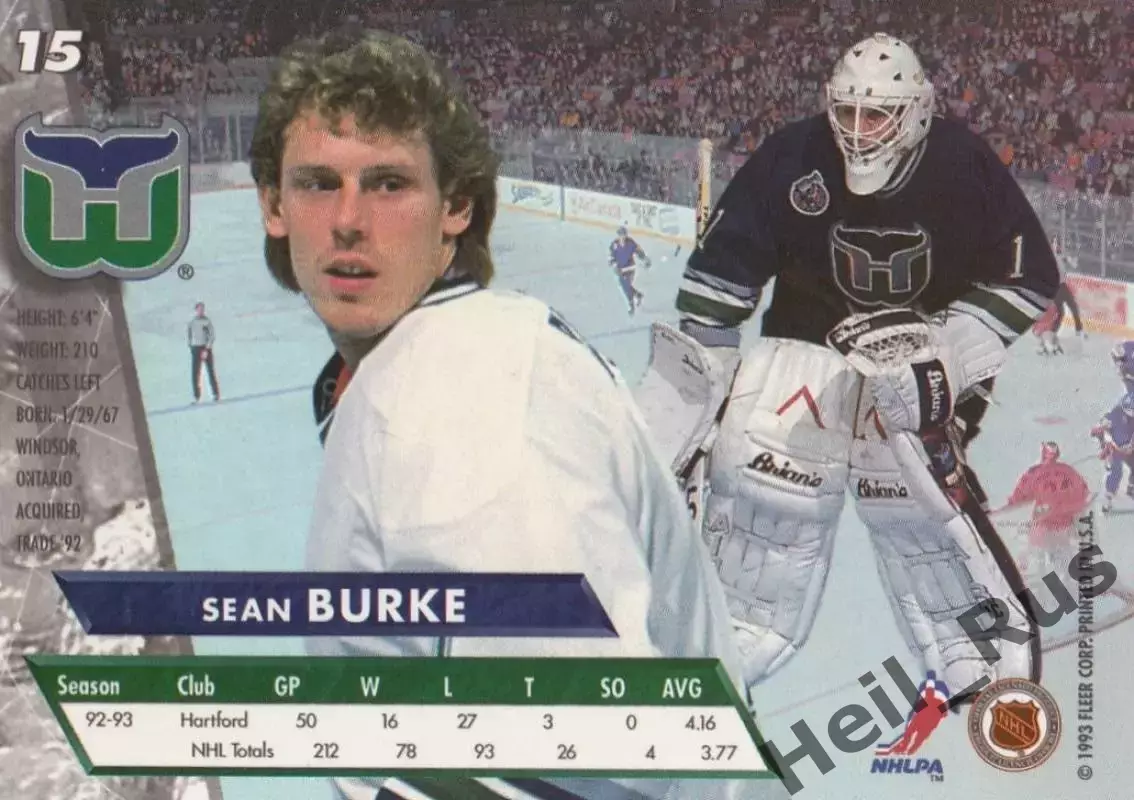 Хоккей. Карточка Sean Burke/Шон Бурк (Hartford Whalers/Хартфорд Уэйлерс) НХЛ/NHL 1