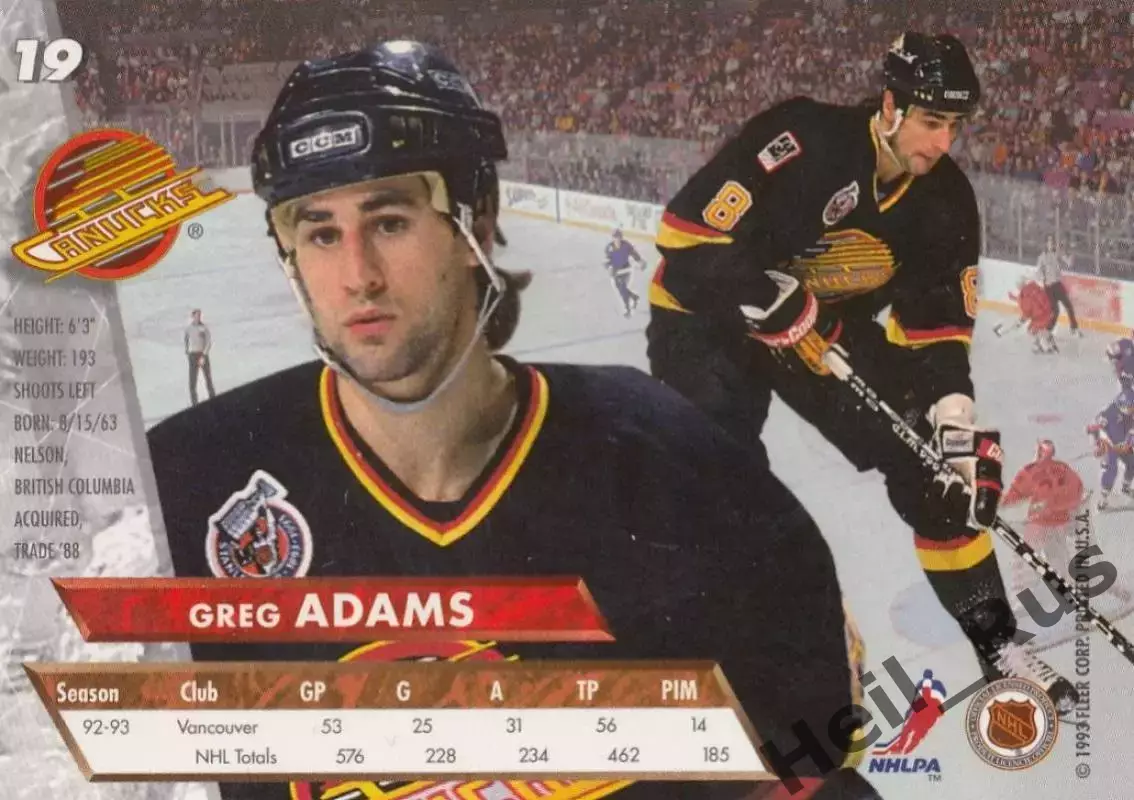 Хоккей Карточка Greg Adams/Грег Адамс Vancouver Canucks/Ванкувер Кэнакс; НХЛ/NHL 1