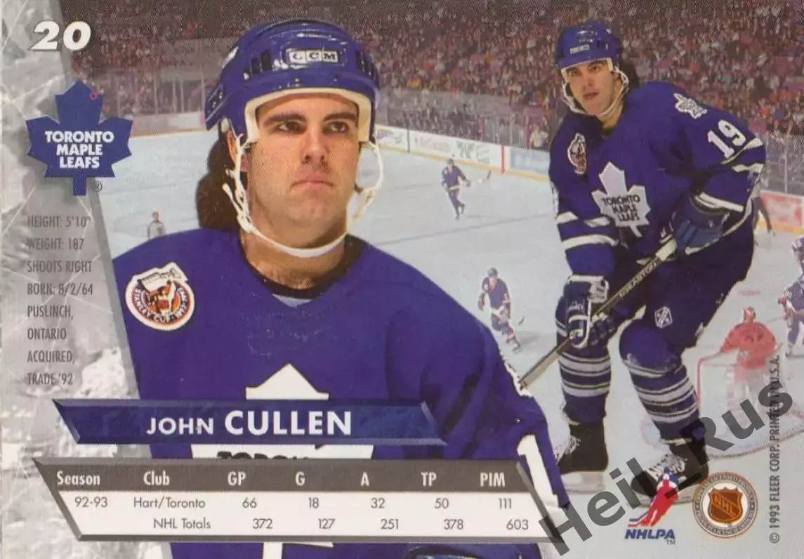 Карточка John Cullen/Джон Каллен Toronto Maple Leafs/Торонто Мейпл Лифс НХЛ/NHL 1