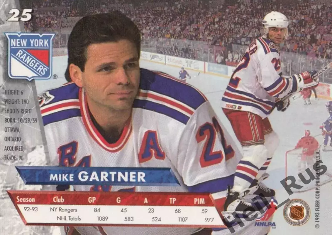 Карточка Mike Gartner/Майк Гартнер New York Rangers/Нью-Йорк Рейнджерс, НХЛ/NHL 1