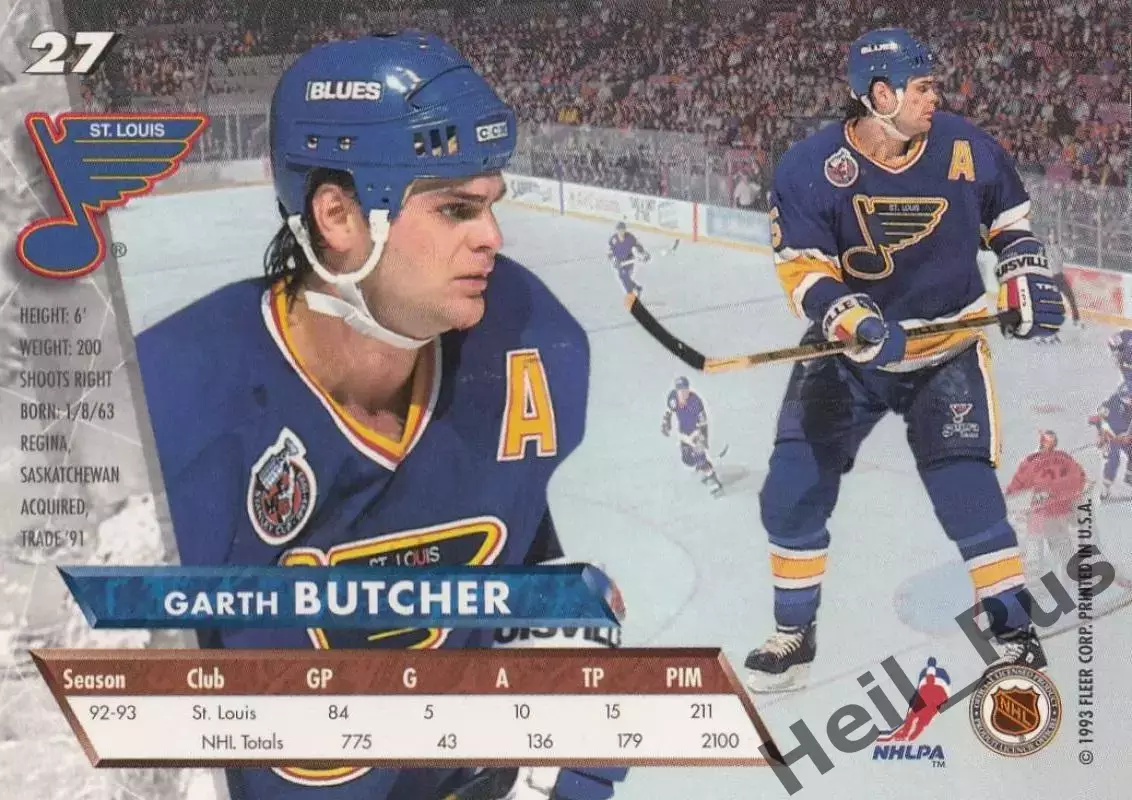 Хоккей Карточка Garth Butcher/Гарт Батчер St. Louis Blues/Сент-Луис Блюз НХЛ NHL 1