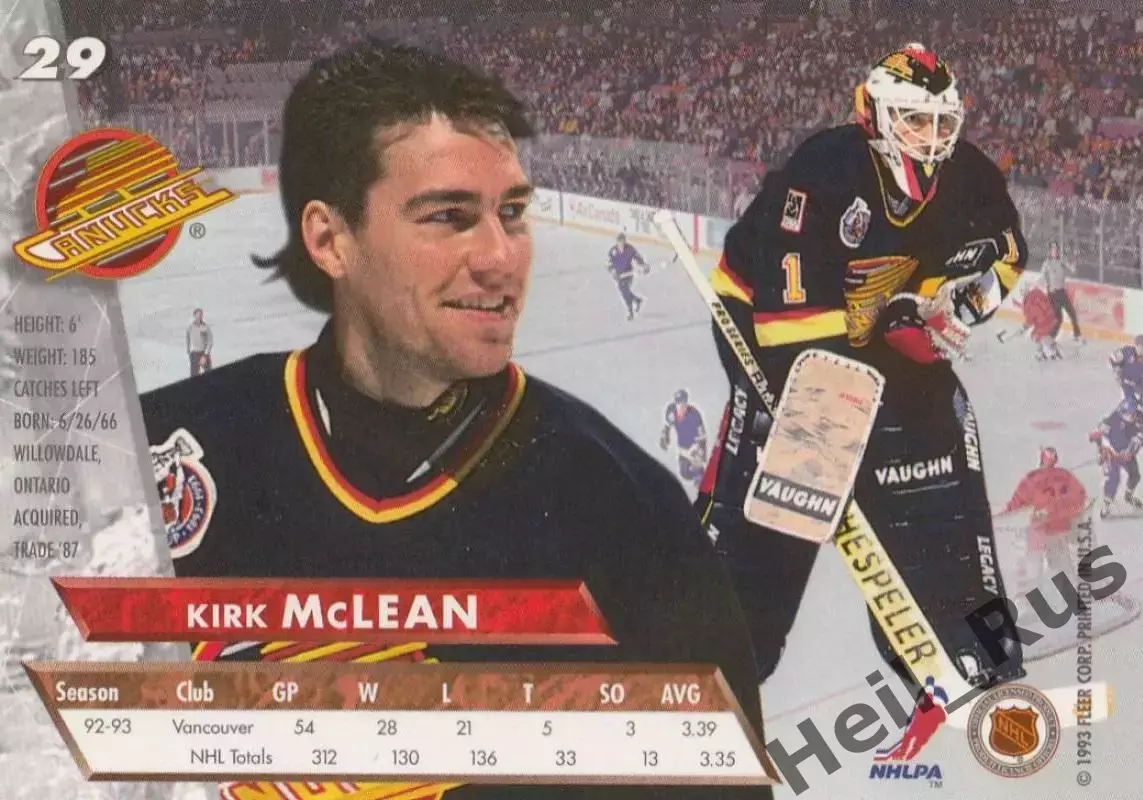 Карточка Kirk McLean/Кирк Маклин (Vancouver Canucks/Ванкувер Кэнакс) НХЛ/NHL 1