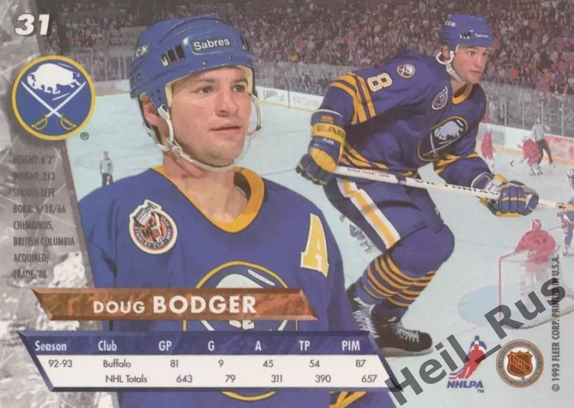 Хоккей. Карточка Doug Bodger/Дуг Боджер (Buffalo Sabres/Баффало Сейбрз) NHL/НХЛ 1