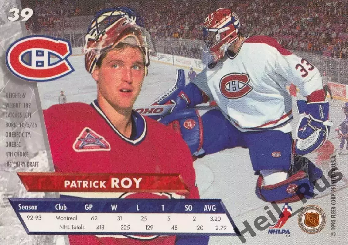 Карточка Patrick Roy/Патрик Руа (Montreal Canadiens/Монреаль Канадиенс) НХЛ NHL 1