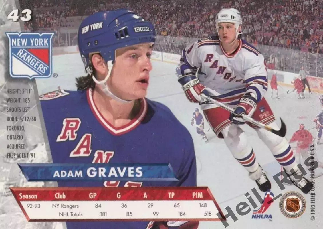 Карточка Adam Graves / Адам Грэйвз (New York Rangers/Нью-Йорк Рейнджерс) НХЛ/NHL 1