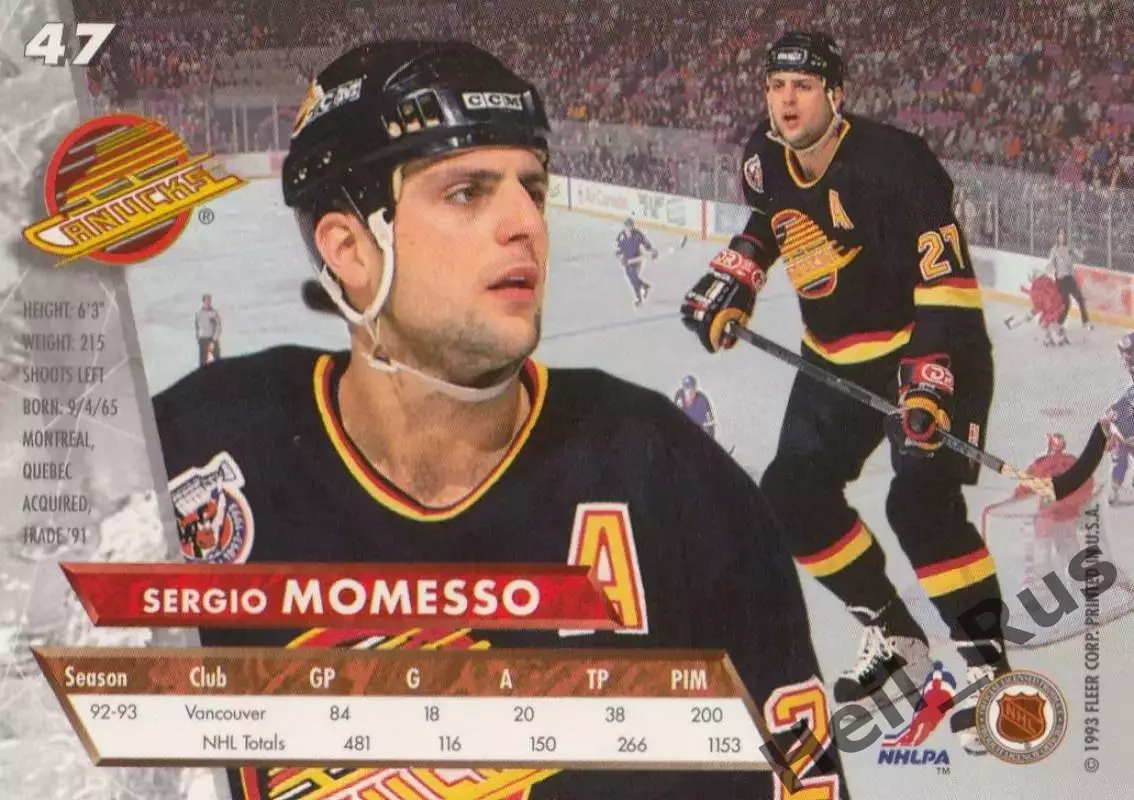 Карточка Sergio Momesso/Серджио Момессо (Vancouver Canucks/Ванкувер) НХЛ/NHL 1