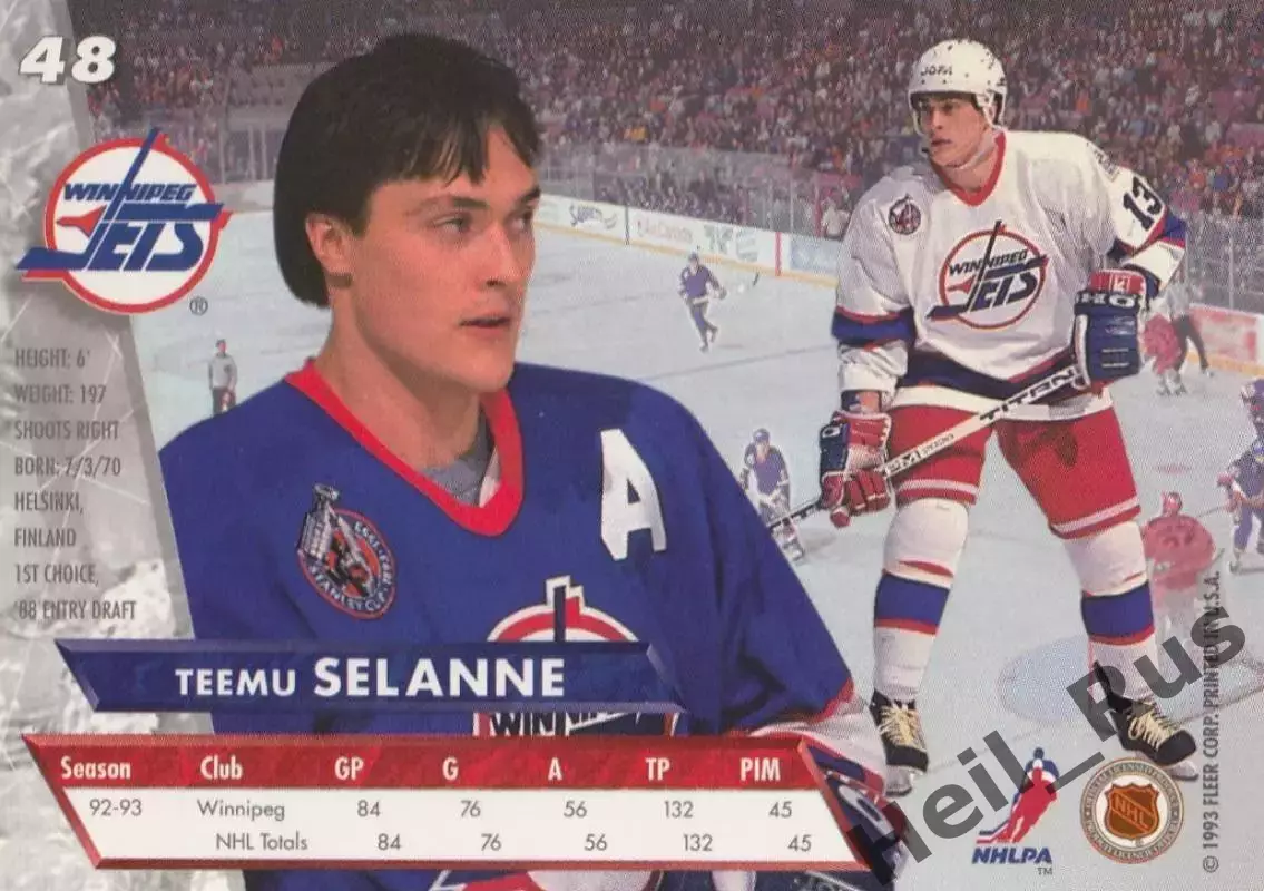 Хоккей Карточка Teemu Selanne/Теему Селянне Winnipeg Jets/Виннипег Джетс НХЛ/NHL 1