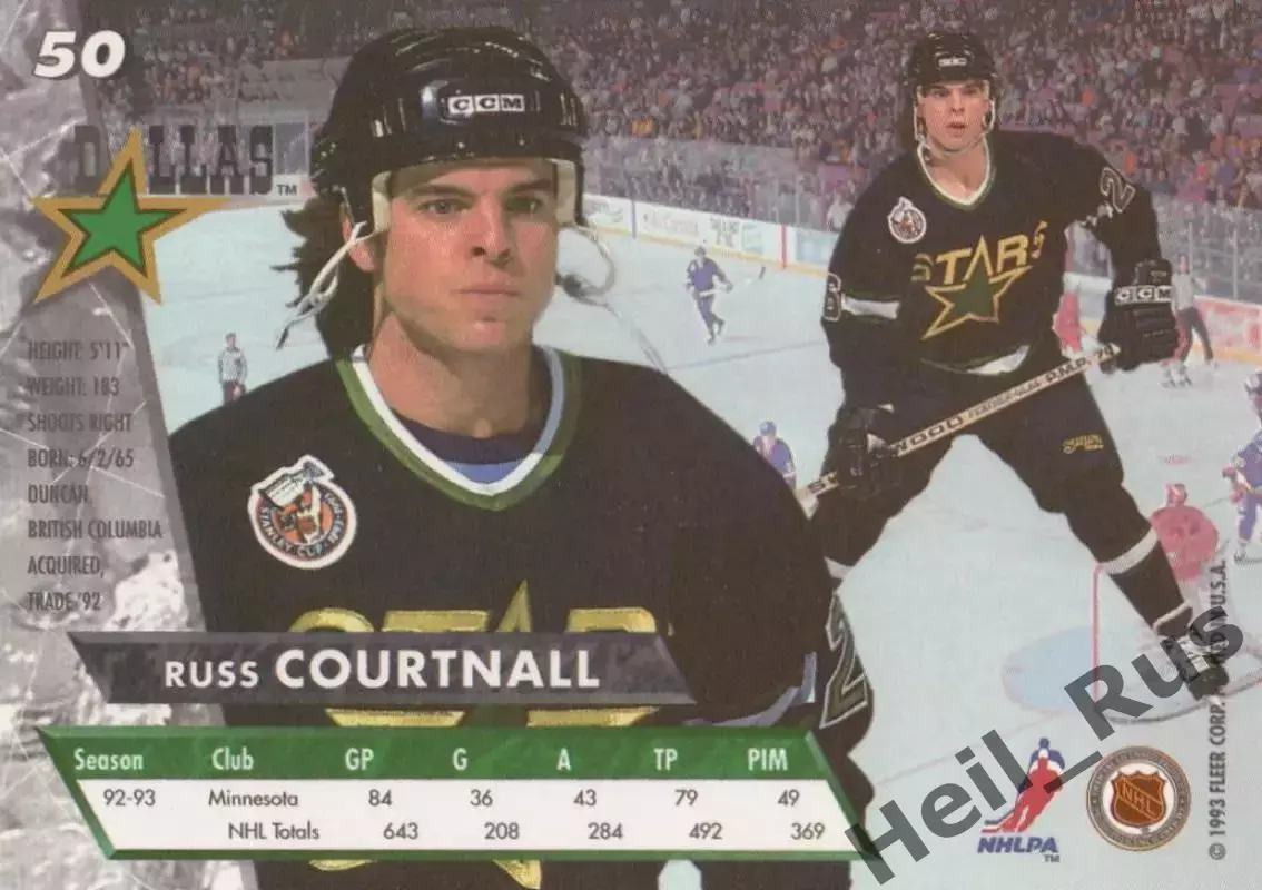 Хоккей Карточка Russ Courtnall/Расс Куртнолл (Dallas Stars/Даллас Старз) НХЛ/NHL 1