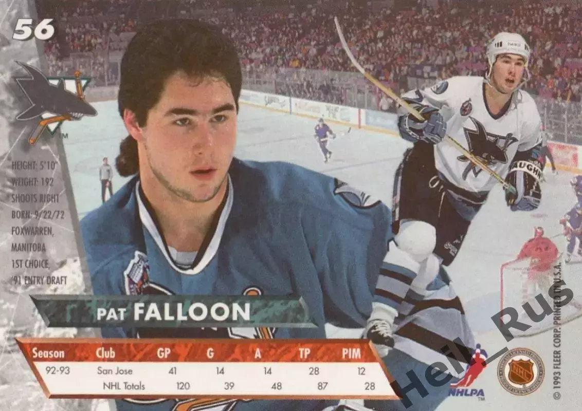 Хоккей Карточка Pat Falloon/Пэт Фэллун (San Jose Sharks/Сан-Хосе Шаркс) НХЛ/NHL 1