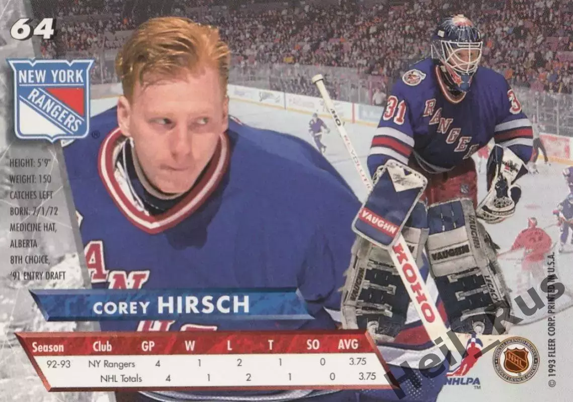Карточка Corey Hirsch/Кори Хирш (New York Rangers/Нью-Йорк Рейнджерс) НХЛ/NHL 1