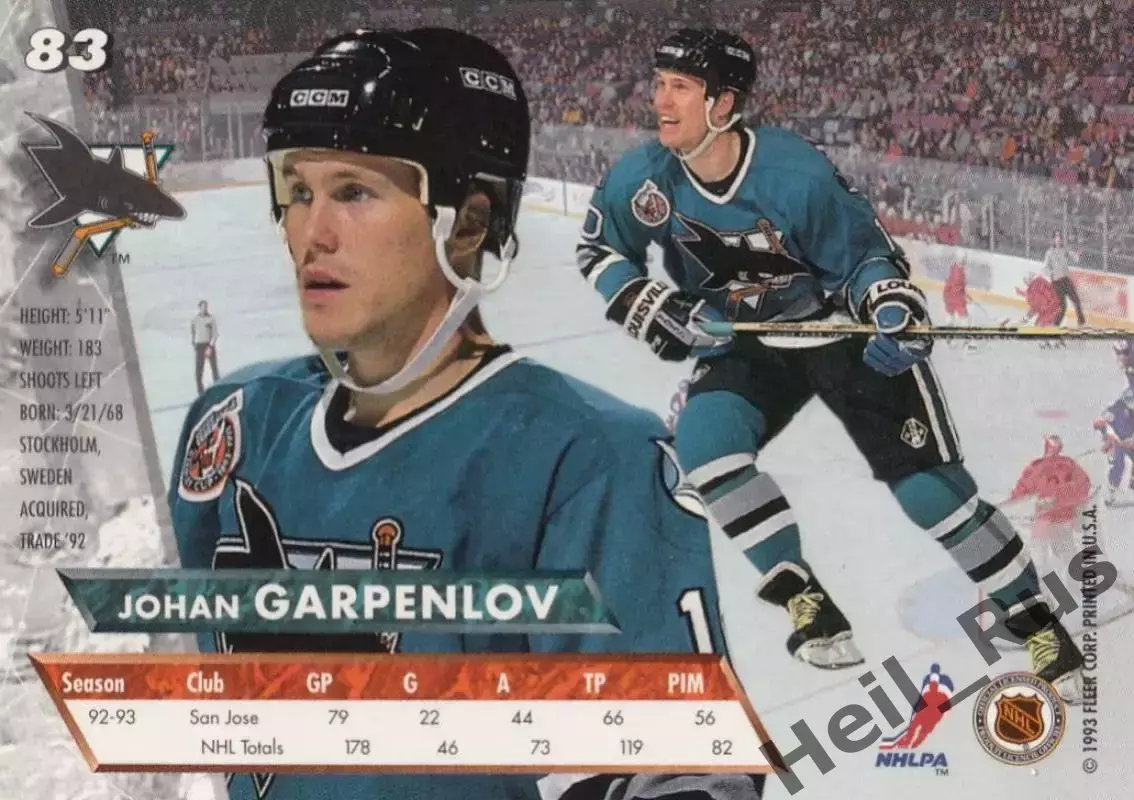 Карточка Johan Garpenlov/Юхан Гарпенлев (San Jose Sharks/Сан-Хосе Шаркс) НХЛ/NHL 1