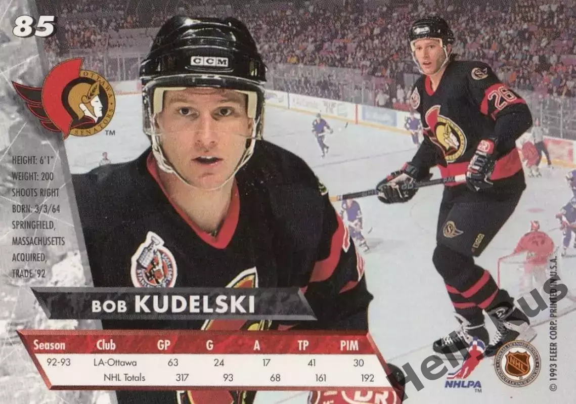 Хоккей. Карточка Bob Kudelski / Боб Кудельски (Ottawa Senators / Оттава) НХЛ/NHL 1